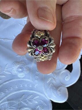 Barbara Bixby rhodolite flower ring size 6 sterling silver 18k gold